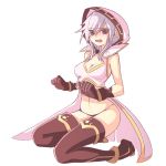  1girl alternate_costume blush boots breasts cleavage crop_top crop_top_overhang gloves hood looking_at_viewer midriff navel neptune_(series) open_mouth panties red_eyes robe s-sha sitting solo thigh-highs thigh_boots underwear wariza white_hair 