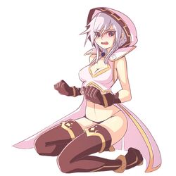  1girl alternate_costume blush boots breasts cleavage crop_top crop_top_overhang gloves hood looking_at_viewer midriff navel neptune_(series) open_mouth panties red_eyes robe s-sha sitting solo thigh-highs thigh_boots underwear wariza white_hair 