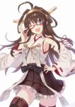  1girl ;d ahoge blush breasts brown_hair detached_sleeves glasses hairband hand_on_hip haru_(hiyori-kohal) kantai_collection kongou_(kantai_collection) long_hair nontraditional_miko one_eye_closed open_mouth pleated_skirt red-framed_glasses ribbon-trimmed_sleeves ribbon_trim semi-rimless_glasses shirt simple_background skirt sleeveless sleeveless_shirt smile solo sparkle under-rim_glasses very_long_hair violet_eyes white_background 