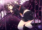  1girl black_hair brown_eyes kneehighs long_hair original petals sakuragi_ren school_uniform serafuku skirt solo 