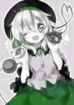  1girl eyeball frilled_sleeves frills green_hair grey_background hat heart heart_of_string komeiji_koishi kyouda_suzuka one_eye_closed open_mouth partially_colored short_hair simple_background skirt smile solo third_eye touhou 