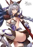  1girl animal_ears armor ass braid breasts cat_ears gloves granblue_fantasy heles large_breasts leg_up legs long_hair sakiyamama shoulder_pads silver_hair solo thigh-highs thighs 