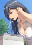  1girl black_hair blue_sky collarbone collared_shirt drinking_fountain grey_eyes hair_between_eyes half-closed_eyes hand_in_hair jonasan leaning_forward open_mouth original outdoors plant shirt short_sleeves sky solo tree upper_body water white_shirt 