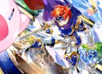  2boys blue_eyes cape character_request crossover fire_emblem fire_emblem:_fuuin_no_tsurugi headband holding_sword holding_weapon kirby kirby_(series) multiple_boys multiple_crossover nintendo noki_(affabile) out_of_frame outdoors pikachu pokemon pokemon_(creature) pokemon_(game) redhead roy_(fire_emblem) sky super_smash_bros. sword weapon 