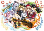  3girls blonde_hair blue_eyes blue_hair boots brown_hair danmaku full_body hat holding_hands instrument izuna_nie keyboard_(instrument) light_brown_eyes long_sleeves looking_at_viewer lunasa_prismriver lyrica_prismriver merlin_prismriver multiple_girls musical_note one_eye_closed open_mouth pointing shirt short_hair siblings sisters skirt skirt_set smile touhou trumpet vest violin white_background yellow_eyes 