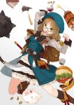  1girl axe backpack bag belt blonde_hair book boots bowtie coin cup dress dynamite food frills glasses green_eyes hair_ornament hairclip hamburger harapeko_(886011) hat kukri long_hair open_mouth original piggy_bank potion pouch solo sword tagme weapon 
