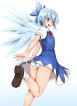  1girl :d ass blue_eyes blue_hair blush bow cirno dress from_behind hair_bow highres ice ice_wings large_bow loafers looking_at_viewer open_mouth orizen panties pantyshot pantyshot_(standing) shoes short_hair smile solo standing standing_on_one_leg touhou underwear wings 