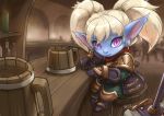  1girl bar beer_mug blonde_hair blue_skin cup hammer league_of_legends long_hair pointy_ears poppy tie_baihe translation_request twintails violet_eyes yordle 