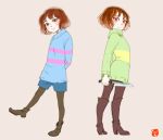  androgynous black_eyes blush boots brown_hair chara_(undertale) frisk_(undertale) knife pantyhose red_eyes shorts smile spoilers striped striped_sweater sweater tagme tenperu_tapio undertale 