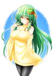  1girl \||/ ^_^ bare_shoulders blush body_blush breasts c: closed_eyes detached_sleeves green_hair hand_to_own_mouth highres impossible_clothes kochiya_sanae large_breasts leggings long_hair looking_at_viewer osashin_(osada) ribbed_sweater scarf smile solo straight_hair sweater touhou very_long_hair wide_sleeves yellow_eyes 