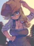  1girl adjusting_clothes adjusting_hat applejack aqua_eyes bangs blonde_hair breasts cleavage cowboy_hat hat large_breasts my_little_pony my_little_pony_friendship_is_magic ponytail solo sweat 