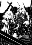  :&lt; aircraft_carrier_oni aircraft_carrier_water_oni deel_(rkeg) detached_sleeves gauntlets gein hair_ornament highres kantai_collection long_hair machinery monochrome one_side_up shinkaisei-kan sitting smile turret very_long_hair 