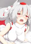  1girl animal_ears blush breasts hat highres impossible_clothes impossible_shirt inubashiri_momiji large_breasts looking_at_viewer lying on_stomach open_mouth pom_pom_(clothes) red_eyes saliva saliva_trail shirt short_hair silver_hair skirt solo tail tokin_hat touhou wolf_ears wolf_tail 