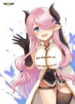  1girl adjusting_hair bare_shoulders belt black_gloves blue_eyes blush breasts covered_nipples demon_horns elbow_gloves gloves granblue_fantasy hair_ornament hair_over_one_eye hair_tucking hairclip horns large_breasts lavender_hair leg_garter long_hair looking_at_viewer narumeia_(granblue_fantasy) open_hand open_mouth oyaji-sou pointy_ears single_thighhigh smile solo thigh-highs 