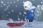  1boy animated animated_gif hoodie owlbox sans scarf_removed shoes shorts skeleton sneakers snowing solo spoilers tagme tears undertale wind 