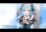  1girl blush drill_hair gosyup highres idolmaster idolmaster_cinderella_girls kanzaki_ranko lens_flare long_hair motion_blur open_mouth red_eyes silver_hair smile solo twin_drills twintails 