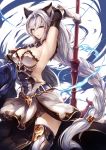  1girl animal_ears arm_up armor armored_dress armpits artist_name belt blue_bow blue_bowtie boots bow bowtie braid breasts brown_eyes cat_ears cleavage gauntlets granblue_fantasy hair_between_eyes hair_tubes heles highres kyouya_(mukuro238) long_hair looking_at_viewer low-tied_long_hair low_twintails polearm side_slit sideboob silver_hair simple_background single_braid smile solo tail thigh-highs thigh_boots thighs twintails very_long_hair weapon 