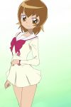  1girl brown_eyes brown_hair gradient gradient_background green_background heartcatch_precure! highres manji_(tenketsu) myoudouin_itsuki precure school_uniform short_hair skirt smile solo 