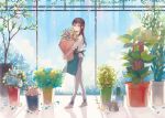  1girl apron blue_sky blush bouquet brown_hair brown_pants brown_shoes bush cactus carrying flower full_body green_eyes idolmaster idolmaster_cinderella_girls indoors leaf lipstick long_hair long_sleeves looking_at_viewer makeup mig_(36th_underground) pants petals shade shibuya_rin shirt shoes sky sleeves_pushed_up solo sunlight vase walking watering_can white_shirt window wood 