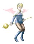  1girl angel_wings artist_request blonde_hair blue_boots boots breasts breath_of_fire breath_of_fire_iv dress hairband jewelry knee_boots nina_(breath_of_fire_iv) pantyhose parody shin_megami_tensei short_hair skirt solo staff style_parody white_background white_wings wings 