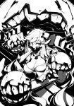  1girl breasts cleavage covered_mouth deel_(rkeg) dress enemy_aircraft_(kantai_collection) highres horns kantai_collection long_hair looking_at_viewer machinery midway_hime monochrome shinkaisei-kan solo turret 