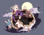  1girl 2boys :o bow braid closers dress dress_lift full_moon hair_ornament hanbok headgear korean_clothes levia_(closers) long_hair millgua moon multiple_boys rabbit running silver_hair traditional_clothes twin_braids violet_eyes yellow_moon 