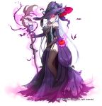  1girl apple bare_shoulders bat black_legwear blue_hair corset detached_sleeves dress flower food fruit full_body garter_straps gyakushuu_no_fantasica hair_over_one_eye hair_over_shoulder hat long_hair looking_at_viewer magic millgua nail_polish official_art purple_dress purple_rose red_eyes rose side_slit solo staff thigh-highs throne very_long_hair witch_hat 