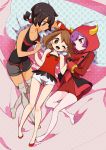  3girls bare_arms bare_legs bare_shoulders barefoot black_hair blue_eyes blush breasts brown_hair chorimokki cleavage fake_horns full_body hair_ribbon haruka_(pokemon) haruka_(pokemon)_(remake) higana_(pokemon) holding_hands hoodie horned_headwear kagari_(pokemon) kagari_(pokemon)_(remake) lying multiple_girls on_back on_bed one_eye_closed over-kneehighs pillow pokemon pokemon_(game) pokemon_oras purple_hair red_eyes ribbed_sweater ribbon shirt short_hair short_ponytail short_shorts shorts sleeveless sleeveless_shirt smile sweater thigh-highs two_side_up uniform violet_eyes 