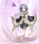  androgynous bow brilliant_pagoda_or_haze_castle brown_coat coat grey_eyes houren_yabusame jandare len&#039;en open_mouth sandals short_hair short_hair_with_long_locks shorts silver_hair smile solo 