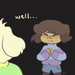  1boy =_= androgynous asriel_dreemurr brown_hair comic english frisk_(undertale) highres monster_boy mushroomstairs shirt shorts spoilers striped striped_shirt undertale 