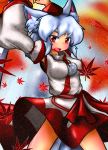  1girl animal_ears blush breasts detached_sleeves fang hat highres inubashiri_momiji looking_at_viewer open_mouth pom_pom_(clothes) red_eyes short_hair silver_hair skirt solo sword tail tokin_hat touhou weapon wolf_ears wolf_tail 