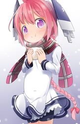  1girl :t baozi bike_shorts blush braid child commentary_request covered_navel crumbs eating food food_on_face hair_between_eyes hair_ribbon headgear highres kantai_collection long_hair makuran navel nenohi_(kantai_collection) pink_hair red_ribbon ribbon sailor_dress scarf short_hair single_braid smile solo tress_ribbon violet_eyes 