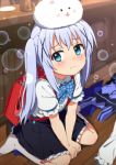  1girl backpack bag blue_eyes blurry blush bokeh depth_of_field frown gochuumon_wa_usagi_desu_ka? kafuu_chino looking_at_viewer ogipote rabbit_house_uniform randoseru school_uniform sitting skirt solo tippy_(gochuumon_wa_usagi_desuka?) twintails wariza x_hair_ornament 