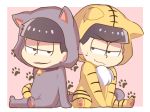  2boys animal_costume animal_ears bangs bell bell_collar black_eyes black_hair blunt_bangs brothers cat_costume cat_ears cat_tail chibi collar full_body fur half-closed_eyes hood ichimatsu karamatsu korokorone310 looking_at_another looking_at_viewer looking_to_the_side male_focus multiple_boys osomatsu-kun osomatsu-san paw_print siblings sitting smirk sweatdrop tail tiger_costume tiger_ears tiger_print tiger_tail wavy_mouth 