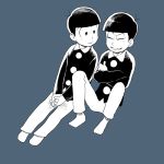  2boys black_hair blue_background bowl_cut brothers child closed_eyes crossed_arms hands_together ichimatsu karamatsu looking_at_another male_focus matching_outfit multiple_boys osomatsu-kun siblings simple_background sitting smile socks 
