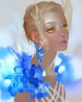  1girl airspace blonde_hair earrings feathers flower highres jewelry lips lipstick makeup parted_lips short_hair solo yellow_eyes 