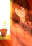  1girl absurdres against_wall bad_id blush brown_hair buttons coat collar crossed_arms eyelashes flower flower_pot hair_between_eyes highres indoors light_rays lips long_hair long_sleeves original sleeping sleeping_upright smile solo sunlight upper_body window 