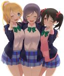  3girls :d ^_^ ayase_eli blazer blonde_hair blue_eyes blue_skirt blush bow bowtie brown_hair buttons closed_eyes collared_shirt crying green_bow green_bowtie hair_between_eyes hair_bow hug love_live!_school_idol_project multiple_girls one_eye_closed open_blazer open_clothes open_mouth pink_shirt plaid plaid_skirt pleated_skirt ponkotsu_(ayarosu) ponytail purple_hair red_bow red_eyes rubbing_eyes school_uniform scrunchie shirt short_hair skirt smile standing tears thigh_gap toujou_nozomi twintails two_side_up white_shirt yazawa_nico 