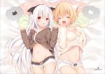  2girls :d :o ^_^ ahoge animal_ears bare_shoulders bed_sheet blush bow breasts cat_ears cleavage closed_eyes collarbone copyright_request cowboy_shot fake_animal_ears frilled_shorts groin hair_between_eyes hairband heart kasu_(return) large_breasts looking_at_viewer lying multiple_girls navel off_shoulder on_back on_bed open_mouth paw_pose pillow red_eyes short_shorts shorts silver_hair smile sweater yellow_bow 