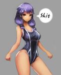  1girl breasts english grey_background grey_eyes highleg highleg_swimsuit long_hair notte one-piece_swimsuit original profanity purple_hair simple_background solo speech_bubble swimsuit twintails 
