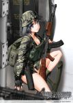  1girl ak-47 ammunition_pouch assault_rifle backpack bag black_gloves black_hair boots bottomless breasts byeontae_jagga cleavage fatigues fingerless_gloves gloves green_eyes gun hat large_breasts military military_uniform naked_shirt original rifle shirt sitting solo uniform weapon 