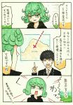  1boy 1girl 3koma :d absurdres bearded_staff_(onepunch_man) black_dress black_eyes black_hair blush_stickers comic commentary_request dress emphasis_lines facial_hair formal green_eyes green_hair highres index_finger_raised map marker_(medium) mehonobu_g necktie onepunch_man open_mouth rectangular_mouth short_hair smile stubble suit sweatdrop tatsumaki traditional_media translation_request 