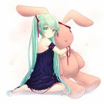  barefoot hatsune_miku highres hug rabbit simple_background stuffed_toy sumikko_no_aria twintails vocaloid 