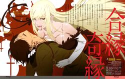  1boy 1girl absurdres ahoge araragi_koyomi bare_shoulders bite_mark black_hair blonde_hair blood breasts cleavage collarbone dress elbow_gloves fangs gloves hair_ribbon highres hoodie jewelry kiss-shot_acerola-orion_heart-under-blade kizumonogatari large_breasts long_hair monogatari_(series) morioka_hideyuki necklace newtype official_art peace_symbol pointy_ears ribbon scan shiny shiny_skin vampire yellow_eyes 