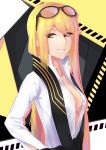  1girl blonde_hair breasts brown_eyes cleavage digimon digimon_story:_cyber_sleuth glasses_on_head highres ian_wang jewelry kuremi_kyouko long_hair looking_at_viewer necklace open_clothes open_shirt shirt smile solo 