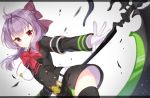  1girl ahoge armlet belt black_legwear blush bow bowtie braid buttons dutch_angle french_braid gloves hair_bow head_tilt highres hiiragi_shinoa holding_weapon jimmy letterboxed lips owari_no_seraph pink_eyes purple_bow red_bow red_bowtie scythe short_hair sidelocks simple_background smile solo standing thigh-highs uniform white_background white_gloves zettai_ryouiki 