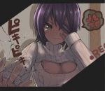  1girl alternate_costume anger_vein dyson_(edaokunnsaikouya) embarrassed eyepatch kantai_collection looking_at_viewer open-chest_sweater purple_hair recording short_hair solo sweater tenryuu_(kantai_collection) wavy_mouth yellow_eyes 