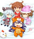  4girls akatsuki_(kantai_collection) alternate_costume bear_hat blush book brown_eyes brown_hair candy chibi closed_eyes commentary_request demon_tail drooling fang flying_sweatdrops folded_ponytail hair_ornament hairclip hat have_to_pee hibiki_(kantai_collection) ikazuchi_(kantai_collection) inazuma_(kantai_collection) kantai_collection lollipop long_hair looking_at_viewer multiple_girls nightcap open_mouth pajamas pillow purple_hair short_hair silver_hair sleeping sleeping_on_person stuffed_animal stuffed_chicken stuffed_toy suparutan tail 