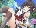  1girl asymmetrical_legwear bare_shoulders black_hair black_necktie black_skirt blue_panties blue_sky blurry blush boots bow breasts brown_eyes brown_legwear buttons fishnet_fabric flower foreshortening frills grass grey_boots hair_between_eyes hair_ornament kantai_collection kneehighs long_sleeves looking_at_viewer outdoors over-kneehighs panties pantyshot pantyshot_(sitting) parted_lips plant red_bow red_shirt sailor_collar sash scarf sendai_(kantai_collection) shirt short_hair sideboob sitting skirt sky sleeveless sleeveless_shirt solo striped striped_panties takanashi_haruto thigh-highs thighs tree underwear white_scarf 