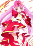  1girl akagi_towa aosa_(momikin) bracelet choker cure_scarlet detached_sleeves earrings fire go!_princess_precure highres jewelry long_hair magical_girl pink_eyes pink_hair pointy_ears precure quad_tails skirt smile solo white_background 